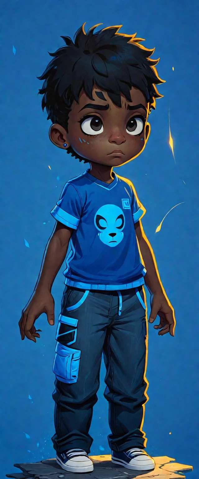 A black teenager with a scar above his nose, blue details, I&#39;m wearing a blue shirt with a black alien print