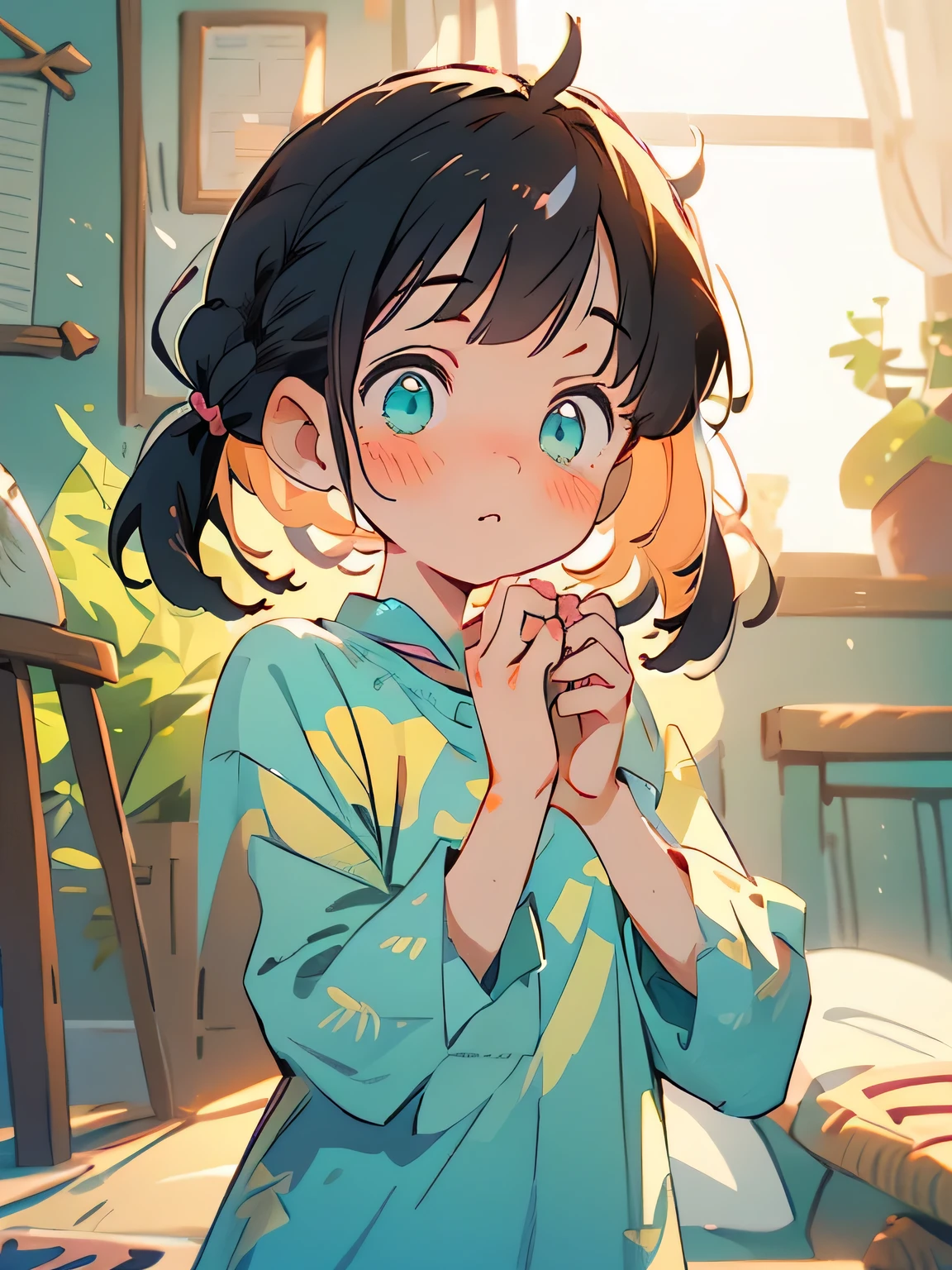 (masterpiece), (best quality), ultra high res, sharp focus, warm pastel tone, ((1 girl, solo)), upper body, side profile shot beautiful detailed hair, ((black hair)), (2 pink ribowns on the hair), beautiful detailed face, ((beautiful shape eyes, Turquoise eyes)), perfect feminine face, head up, looks up, surprise face, ((blush)), (marnie pokemon), (ponytails), ((assymmetrical bangs)), (marnie), (blushing), (pyjama), (room)
