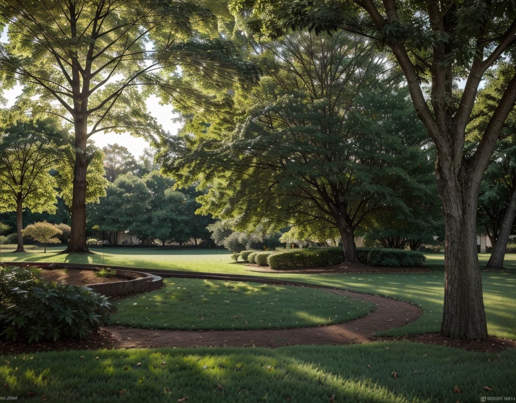 A bright and beautiful tree fills most of the picture. The tree has a very thick trunk, a light brown color, very clean, and part of it comes out of the ground covered with fine grass, a little to the left of the center of the picture. As thick as the trunk with the same elements that rises upwards in a slightly curved line to the left, the tree itself continues a little more to the right until it gently curves upwards and continues in a straight line slightly inclined to the right. A gentle sun that sends rays of light to the tree at the top of the tree grows from it like a full roof that ends in an almost straight line of beautiful branches and leaves in a very light green color
