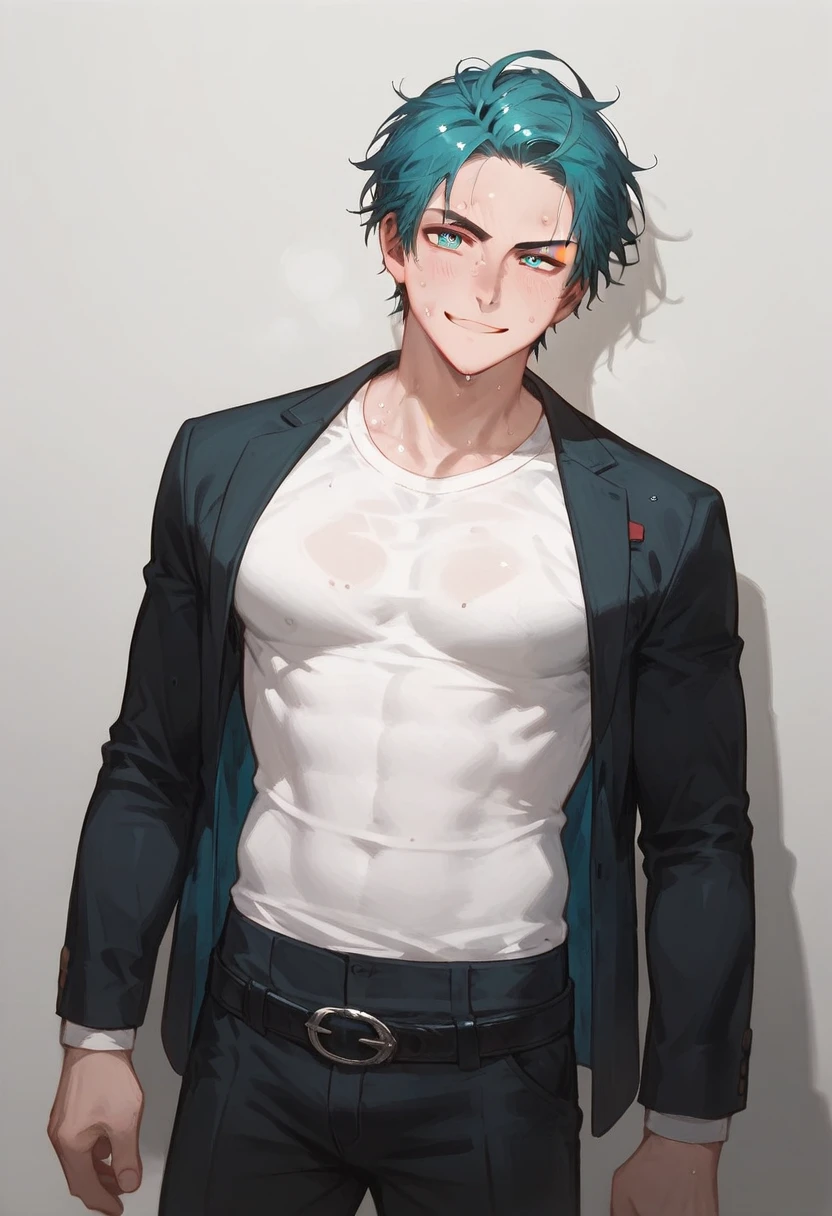 (masterpiece, High resolution, Super detailed:1.0), (1 male, Adult male, Soft and handsome face), Very high, the right amount of muscle, Exquisite eyes and exquisite face, Extremely detailed CG, unified 8k wallpaper, intricate details, Detailed face, (Aqua blue eyes, long black hair, messy hair, half open white shirt, Black suit pants, untied belt, Holding the red tie around his neck with one hand), (Slightly red cheeks, sweat, raised an eyebrow, Evil smile:1.3), Against the light black wall, relaxed and casual attitude