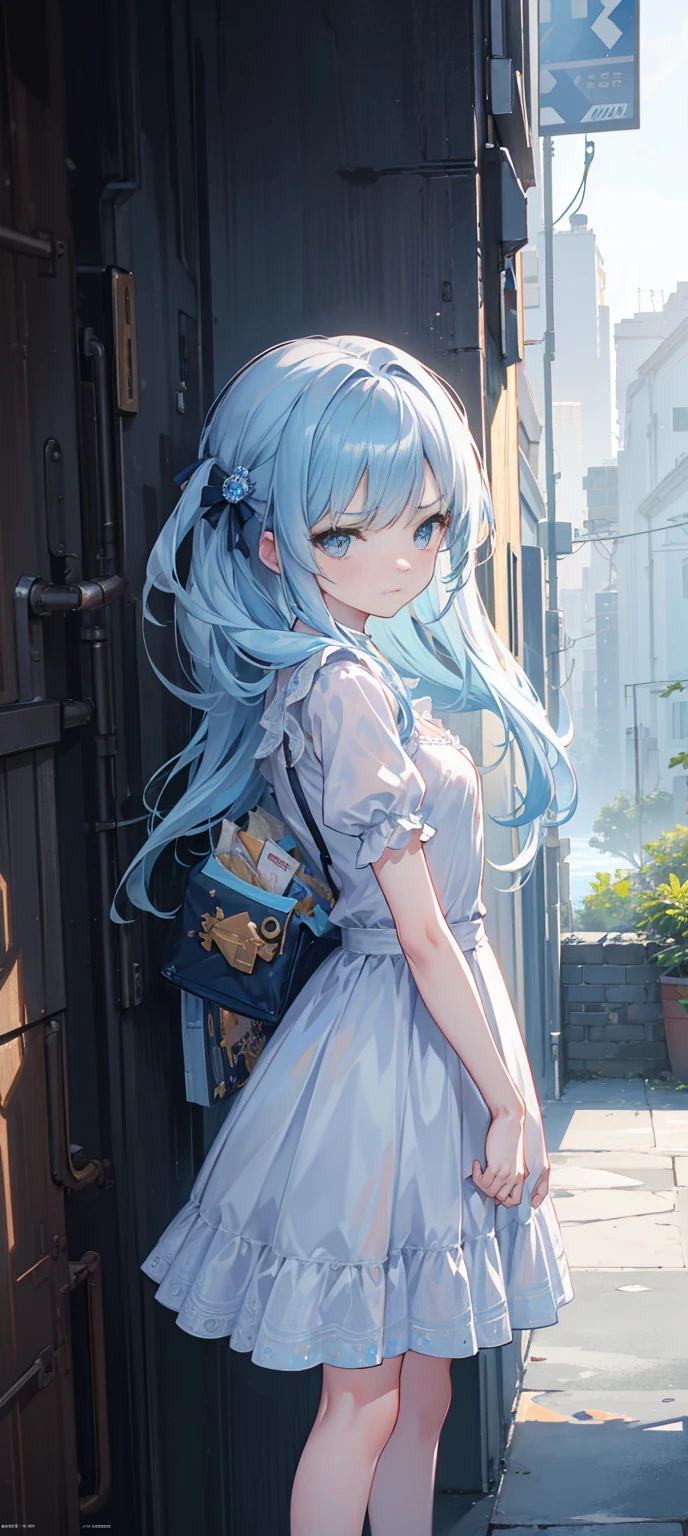 masterpiece, best quality, (Very detailed CG unit 8k wallpaper) ，Ray Tracing, Harsh environment, Extremely detailed, ,15 years old，little girl，Light blue dress，Small Breasts，Angry Stare，（whole body：9.9），（landscape：3.0），White skin，Cute face