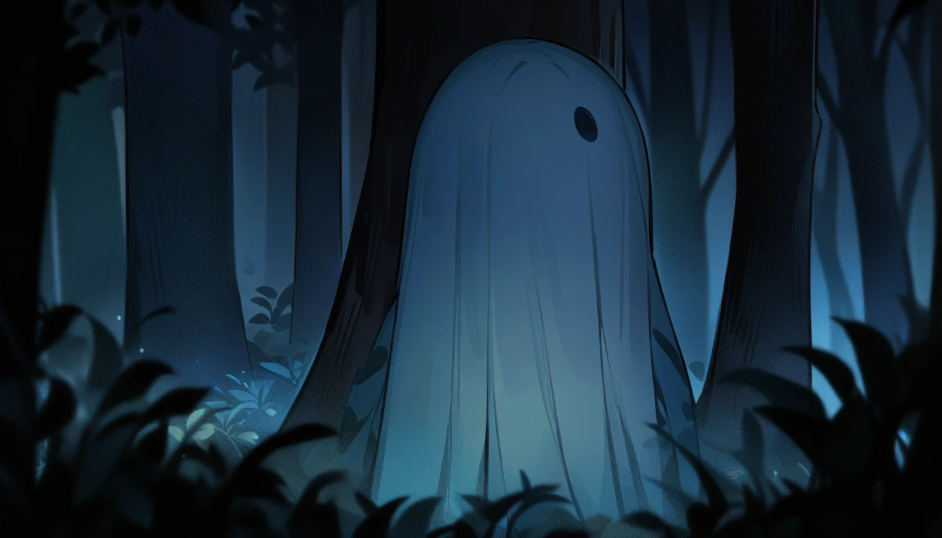 Late at night, in a dark forest, the ghost of a girl sneaks a peek behind a tree deep in the forest, high quality, high detail, 4k.8k