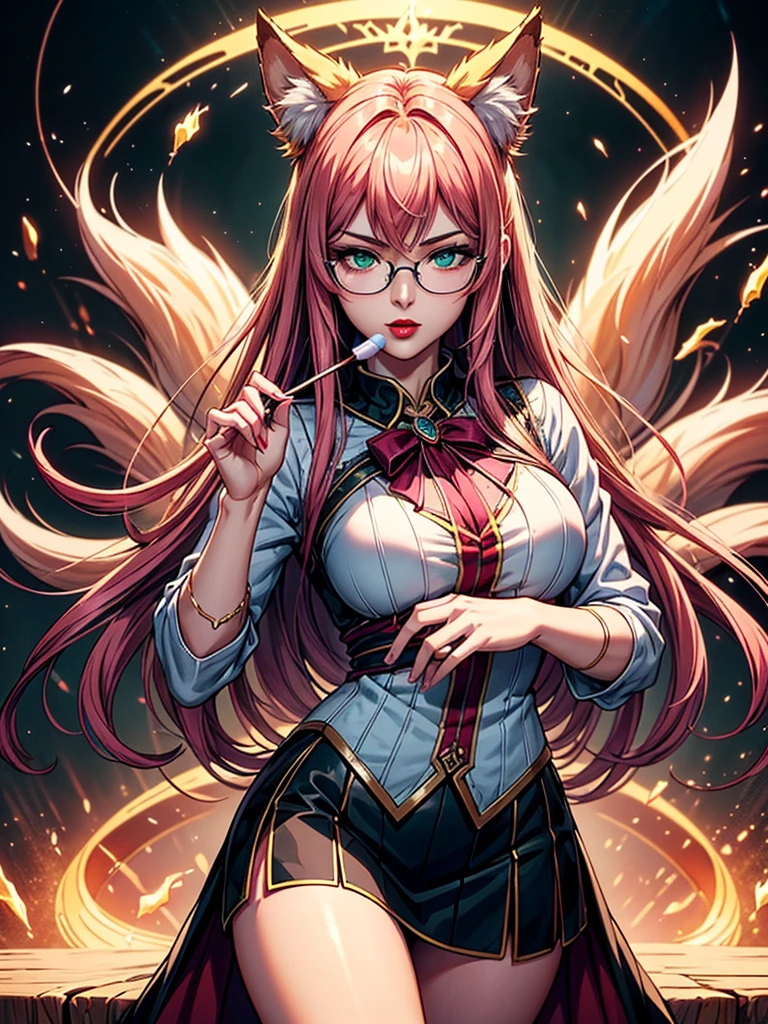 On the luxsurious sofa in seductive pose laying a female kitsune, she have red long hair with pink highlights, charming green eyes. tasty red lips, she dreessed in unbutten blouse, black short skirt high soking and snickers, also she wear glasses, she holding lollypop, she have four gorgeous magic fox tails, (ultra high quality fantasy art, magical fantasy style, masterpiece, ultra high quality character design, 8k quality anime art, realistic anime art, top quality wallpaper illustration, detailed ultra high quality accurate face, high quality design and accurate physic)