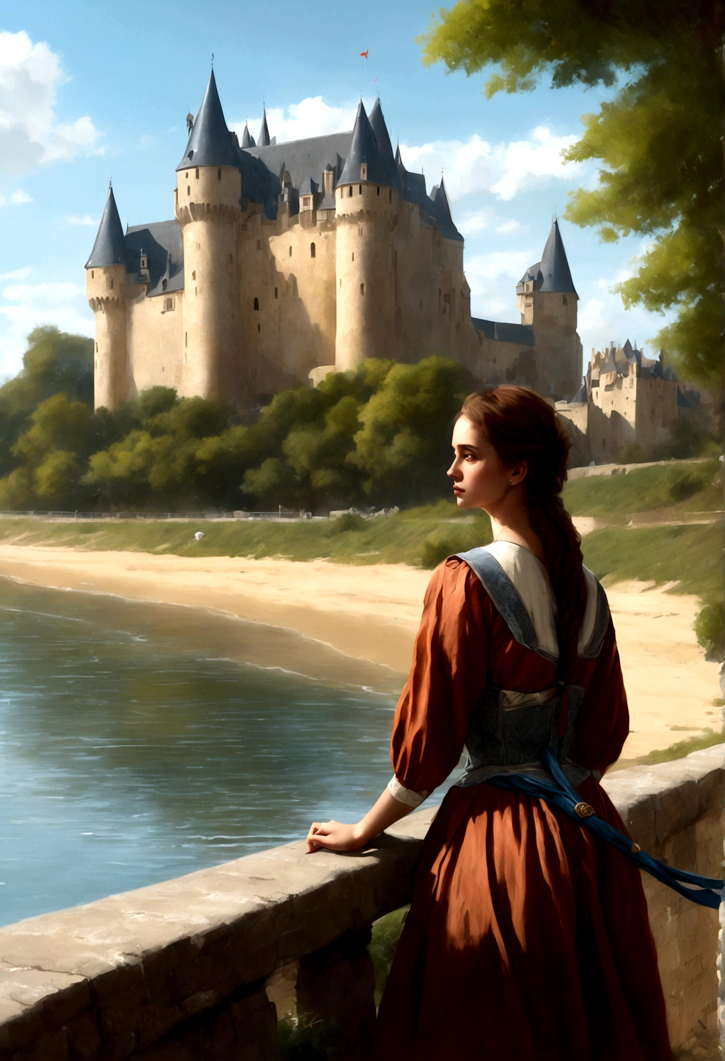 a masterful digital art painting of long woman playing volley ball on an on coast of the Loir river, an extraordinary beautiful renaissance woman, long hair, wavy hair, dynamic hair color, dynamic eye color, playing volley ball in a beautiful beach on the Loir river, best detailed face, a French medieval castle on the river bank in the background, Ultra-high resolution, High Contrast, (masterpiece:1.5), highest quality, Best aesthetics), best details, best quality, highres, 16k, [ultra detailed], masterpiece, best quality, (extremely detailed), Intense gaze, digital painting,