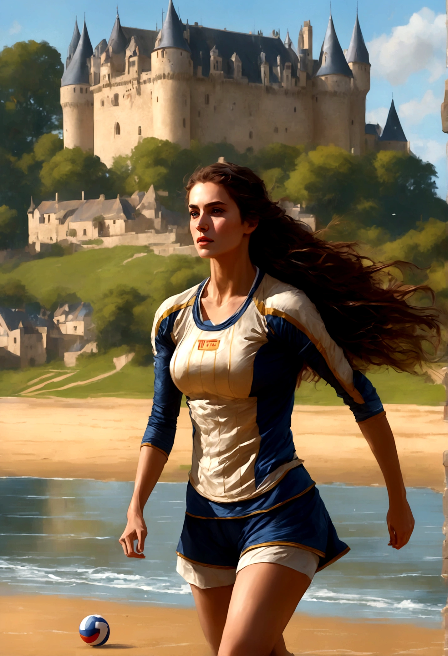 a masterful digital art painting of long woman playing volley ball on an on coast of the Loir river, an extraordinary beautiful renaissance woman, long hair, wavy hair, dynamic hair color, dynamic eye color, playing volley ball in a beautiful beach on the Loir river, best detailed face, a French medieval castle on the river bank in the background, Ultra-high resolution, High Contrast, (masterpiece:1.5), highest quality, Best aesthetics), best details, best quality, highres, 16k, [ultra detailed], masterpiece, best quality, (extremely detailed), Intense gaze, digital painting,