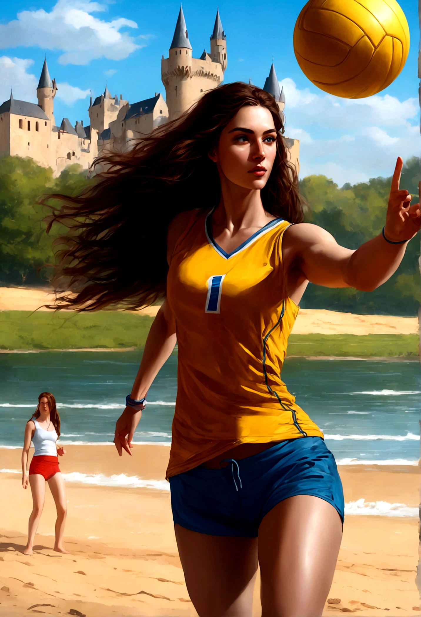 a masterful digital art painting of long woman playing volley ball on an on coast of the Loir river, an extraordinary beautiful renaissance woman, long hair, wavy hair, dynamic hair color, dynamic eye color, playing volley ball in a beautiful beach on the Loir river, best detailed face, a French medieval castle on the river bank in the background, Ultra-high resolution, High Contrast, (masterpiece:1.5), highest quality, Best aesthetics), best details, best quality, highres, 16k, [ultra detailed], masterpiece, best quality, (extremely detailed), Intense gaze, digital painting,