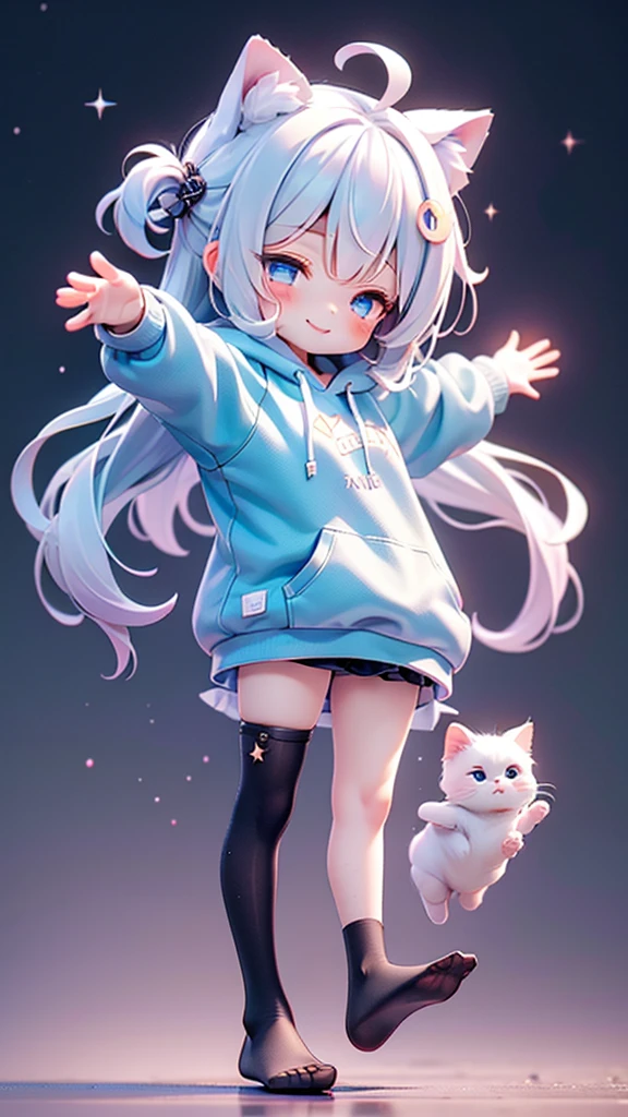 beautiful girl,Cat ear,Long white hair,Light blue eyes,cute, young, Black tights, Wearing an oversized hoodie,sleeping,Details,smile,Only 1 person,The background is a starry sky,beautiful girlのみ,Are standing,Raise your arms,No shoes,chibi