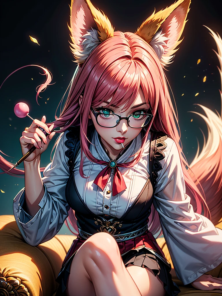 On the luxsurious sofa in seductive pose laying a female kitsune, she have red long hair with pink highlights, charming green eyes. tasty red lips, she dreessed in unbutten blouse, black short skirt high soking and snickers, also she wear glasses, she holding lollypop, she have four gorgeous magic fox tails, (ultra high quality fantasy art, magical fantasy style, masterpiece, ultra high quality character design, 8k quality anime art, realistic anime art, top quality wallpaper illustration, detailed ultra high quality accurate face, high quality design and accurate physic)