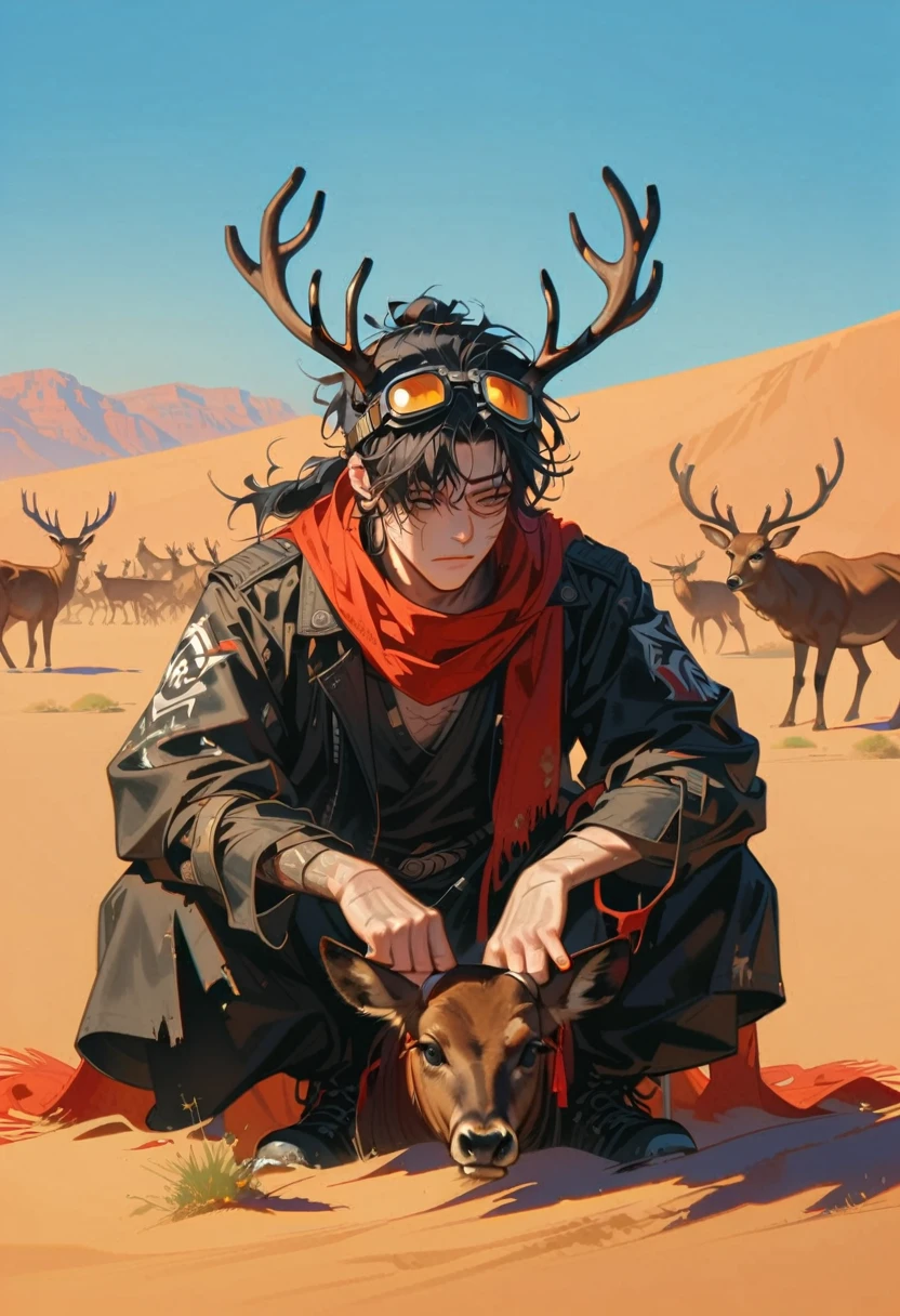 style 9, a man with messy black hair tied in a ponytail, a scar on his right cheek, tired black eyes, wearing old apocalyptic clothes, a scarf, goggles on his head, crouched down slaughtering a deer, a desert in the background