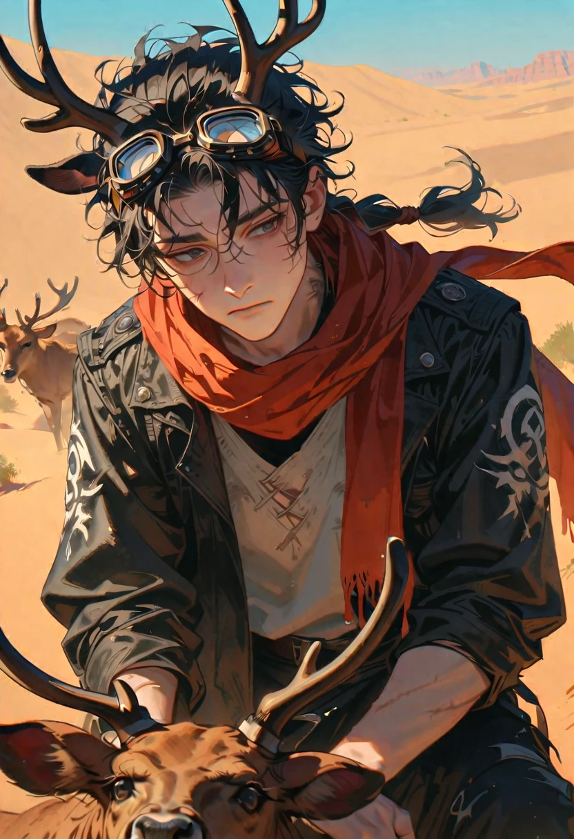 style 9, a man with messy black hair tied in a ponytail, a scar on his right cheek, tired black eyes, wearing old apocalyptic clothes, a scarf, goggles on his head, crouched down slaughtering a deer, a desert in the background