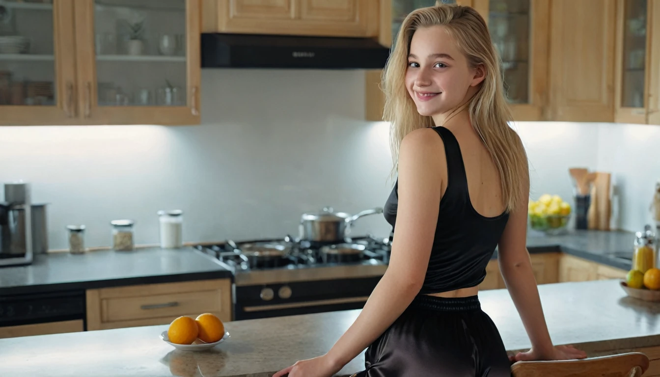 (best quality, 4k, 8k, high resolution, masterpiece: 1.2), ultra-detailed, full body, (realistic, photorealistic, photorealistic: 1.37), hyperrealistic art, detailed background, a 15 year old girl , beautiful fair skin with European features, long blonde hair, big ass, wearing black silk shorts, wearing black silk tank top, in the kitchen, with her back to the viewer, looking over her shoulder at the viewer, leaning against the kitchen table, looking at the viewer, smiling at the viewer.