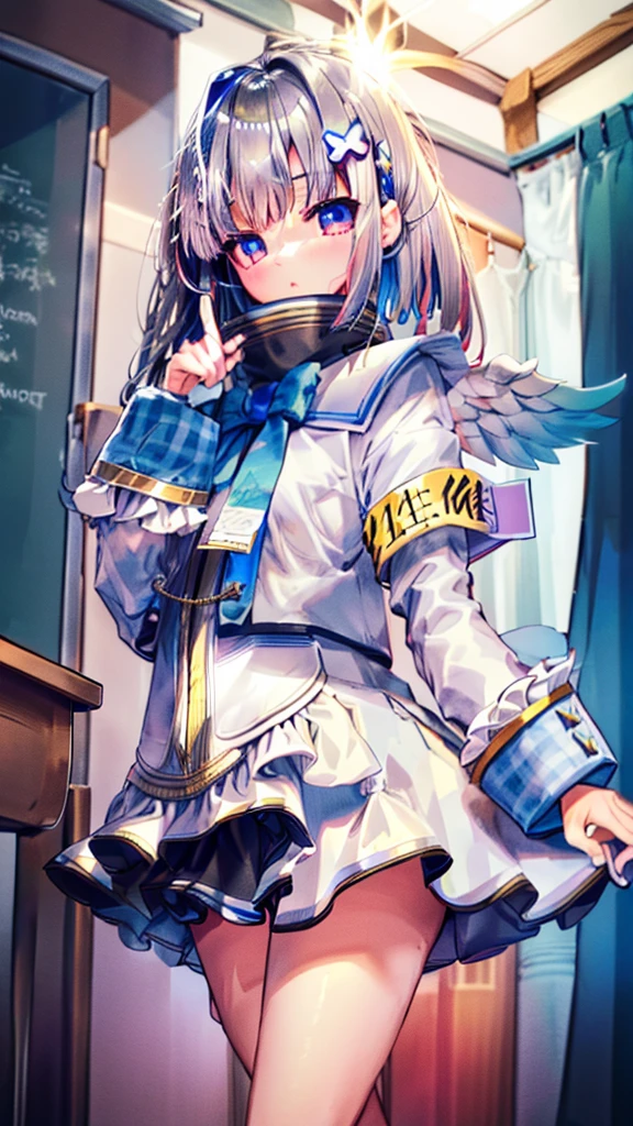 Female, height: 135 cm, weight: 50 KG, hip circumference: 80, waist circumference: 54, bust circumference: 73, face: oval face, hair color: white, eye color: red, clothing: white JK short skirt uniform, scene: classroom.loli,Short height