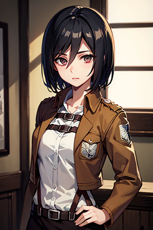 masterpiece, best quality, best lighting, shadows, portrait, perfect anatomy, mikasa in scout uniform, 1 girl, adult anime girl, 21 years old,