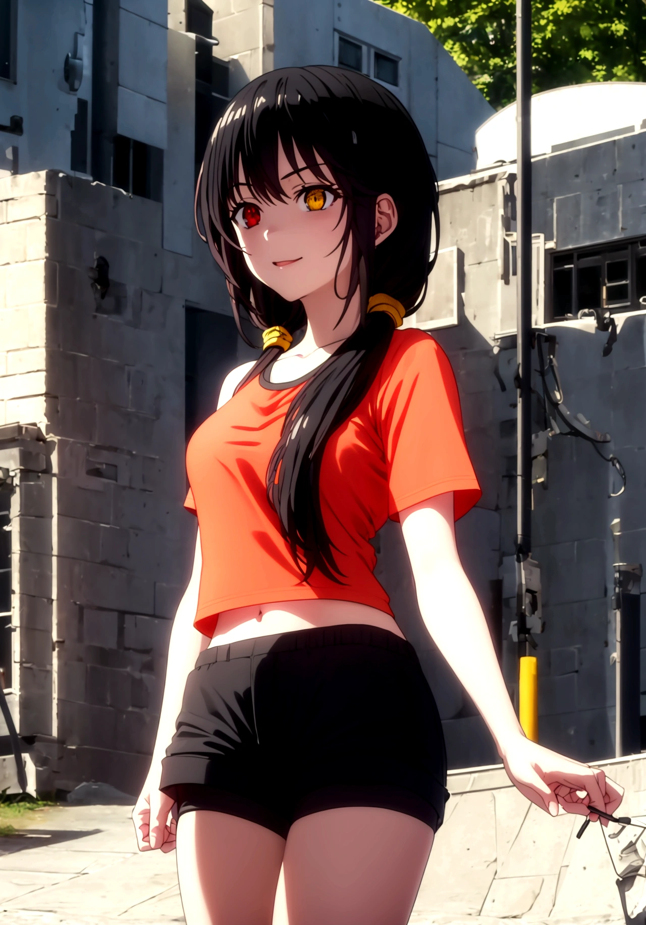 ultra-detailed,highly detailed,best quality,masterpiece,illustration
1girl, ((tokisaki kurumi)), cosplay, hair over one eye, (right red eye, left yellow eye), looking at viewer, happy girl, low twintails, ((t-shirts)), (((black hotpants))), hair rings, loafers,
(Outdoors) , walking, beach