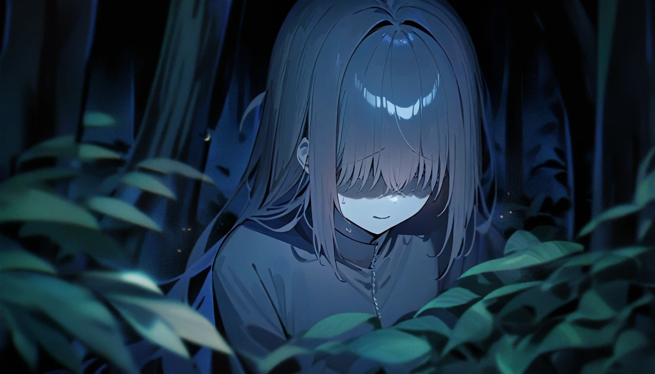 Late at night, in a dark forest, the ghost of a girl sneaks a peek behind a tree deep in the forest, high quality, high detail, 4k.8k