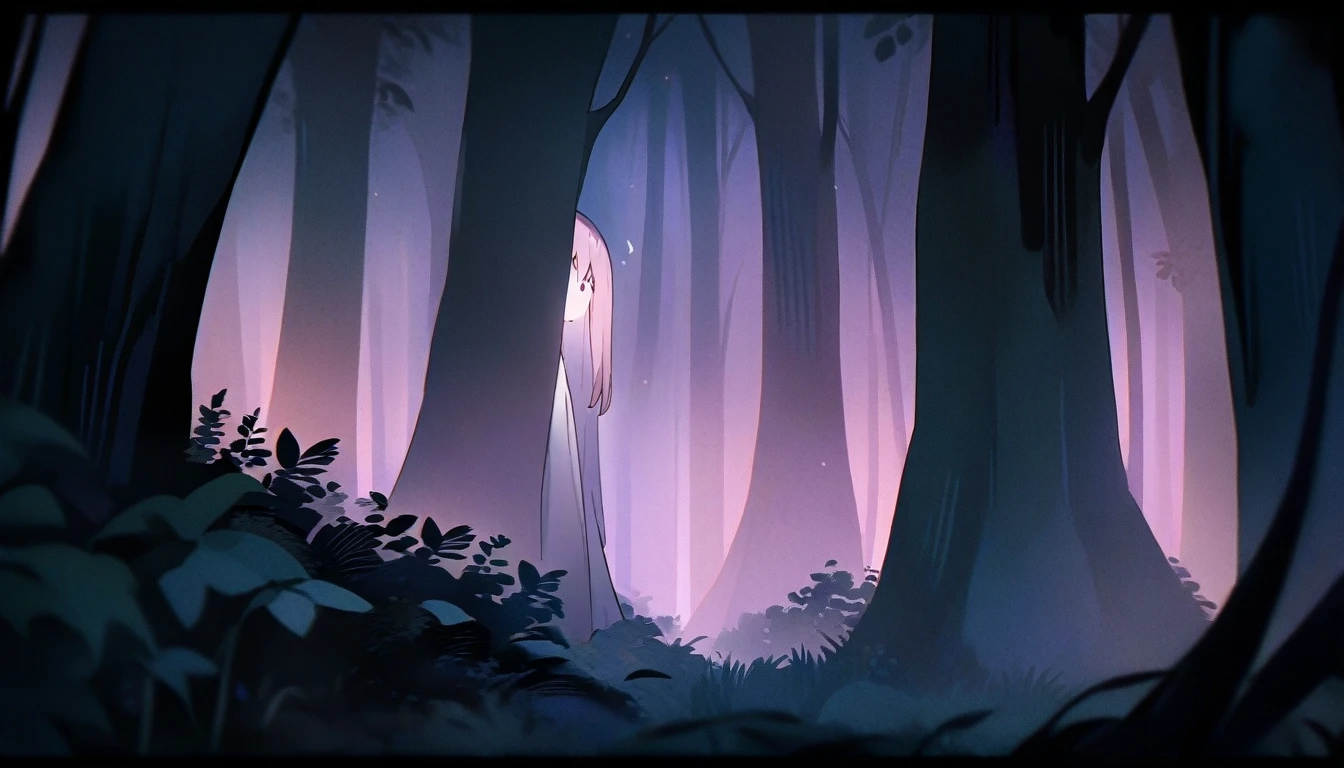 Late at night, in a dark forest, the ghost of a girl sneaks a peek behind a tree deep in the forest, high quality, high detail, 4k.8k
