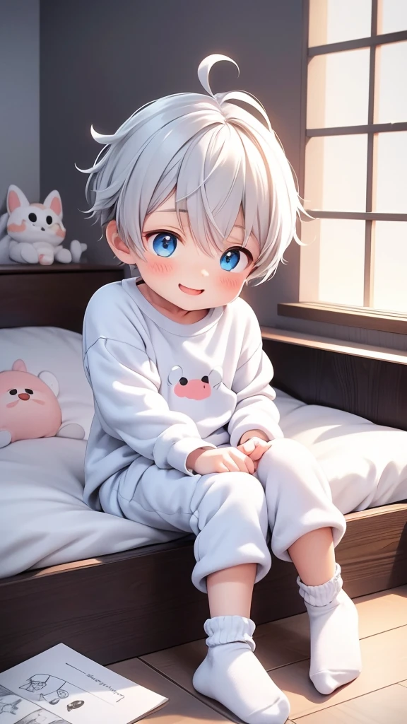 8 year old boy sitting on the floor with his legs crossed and with cute socks with children's drawings his room is so cute and full of sparkles He has fluffy white hair He has a cute face of pleasure He's wearing cute animal pajamas 