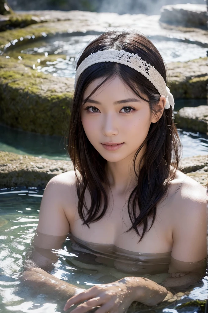 Highest quality, masterpiece, Ultra-high resolution, Supermodels bathing in Japanese hot springs, Outdoor hot spring, Stone hot spring, Moss and tree々Surrounded by, Super beautiful face, Pure Body, I can see my pores, (smile:0.8), Wearing split (lace headband:1.2), (realism:1.5), Original photo, Soaking wet, Sweaty, Bare shoulders, In the Dark, Deep Shadow, Low Key, Cold Light
