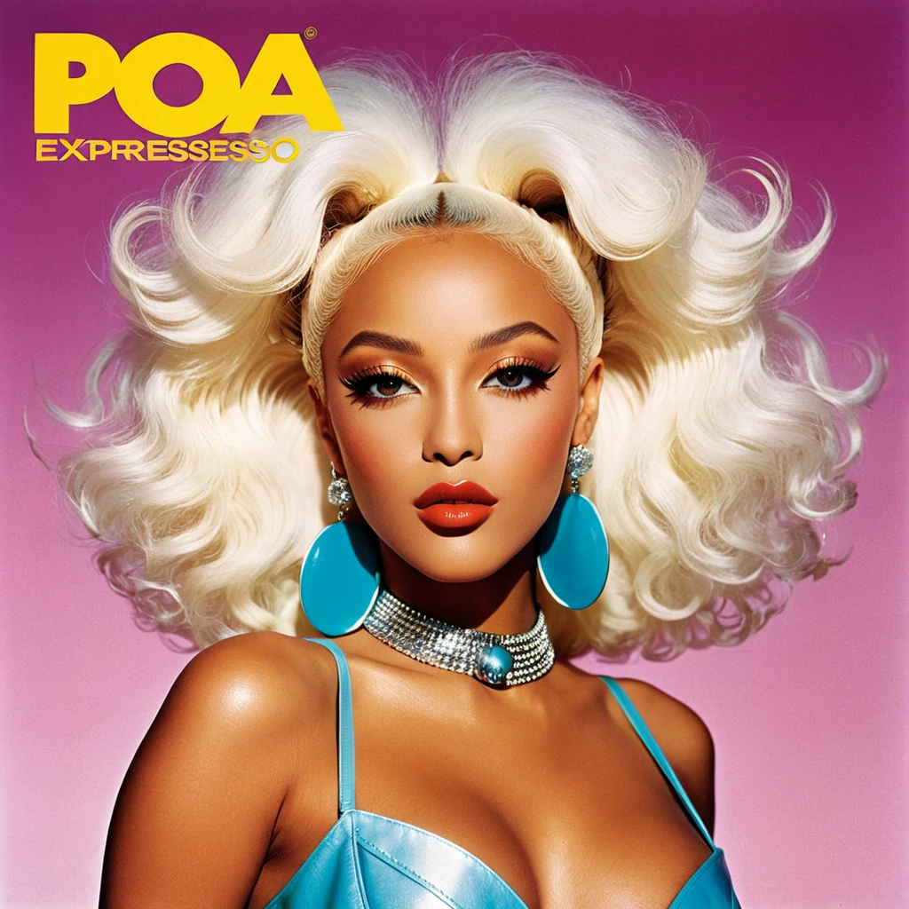 advertising poster, Promotional Photo of the Album Pop Expresso by the artist called Doja Cat, album with a concept from the 80s, beautiful and fabulous album cover, with a lot of glamour, the cover is an innovation in the world of music, and very authentic