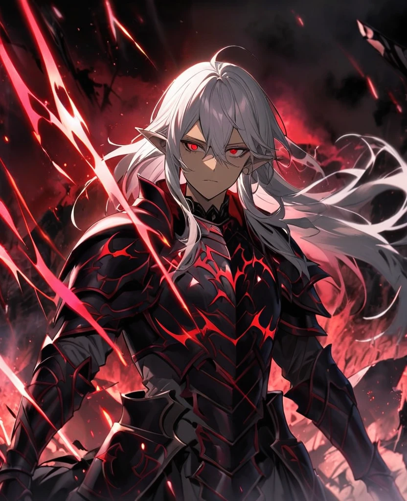 Male,5'4,pierced pointy ears,light skin,red eyes, white ombre long hair half up half down,red and white armour ,dark magic,on a battlefield with darkness in his eyes as a dark magic aura surrounds him as his armour shatters with demonic side taking over