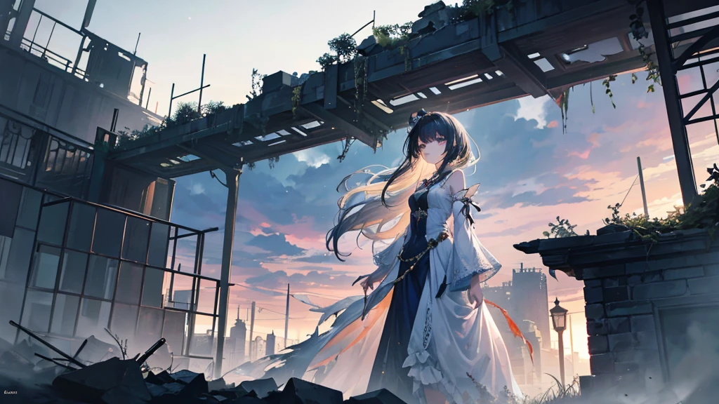 An anime girl standing alone in the dim light of the morning, with a serene yet determined expression on her face. The background shows the remnants of a fantasy world crumbling away, symbolizing the deceitful charm and lies she has left behind. The scene is filled with shadows receding as the truth is unveiled, and the first light of dawn begins to break through. She is dressed in flowing garments that hint at a past masquerade, now torn and discarded. Her eyes are clear and focused, symbolizing her newfound clarity and strength. The atmosphere is one of liberation and healing, with soft, natural lighting enhancing the emotional depth. In the distance, there are hints of a new, hopeful beginning, as she walks away from the shadows of her past.
