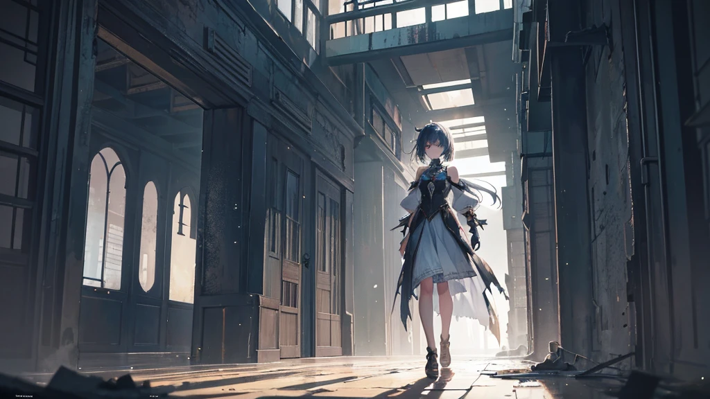 An anime girl standing alone in the dim light of the morning, with a serene yet determined expression on her face. The background shows the remnants of a fantasy world crumbling away, symbolizing the deceitful charm and lies she has left behind. The scene is filled with shadows receding as the truth is unveiled, and the first light of dawn begins to break through. She is dressed in flowing garments that hint at a past masquerade, now torn and discarded. Her eyes are clear and focused, symbolizing her newfound clarity and strength. The atmosphere is one of liberation and healing, with soft, natural lighting enhancing the emotional depth. In the distance, there are hints of a new, hopeful beginning, as she walks away from the shadows of her past.

