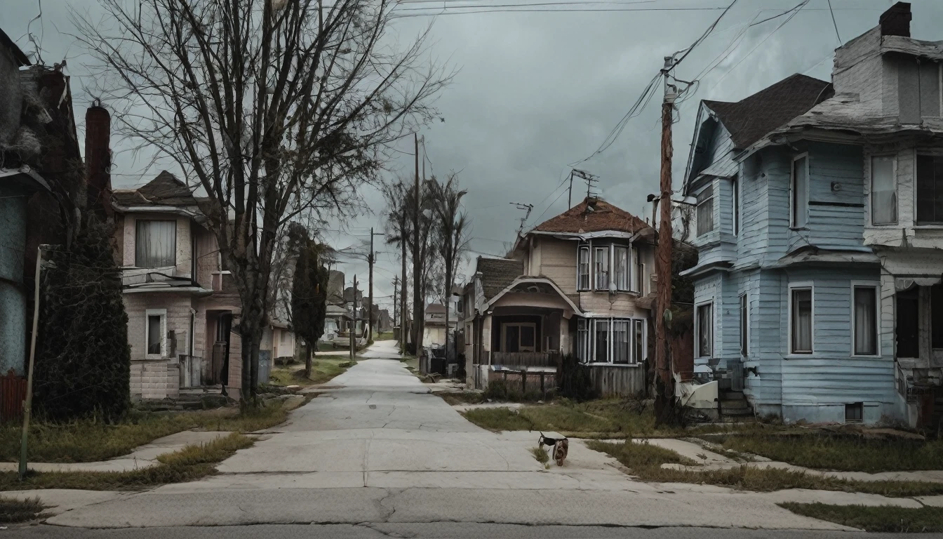 neighborhood, several houses, sinister environment, no people on the street, fear