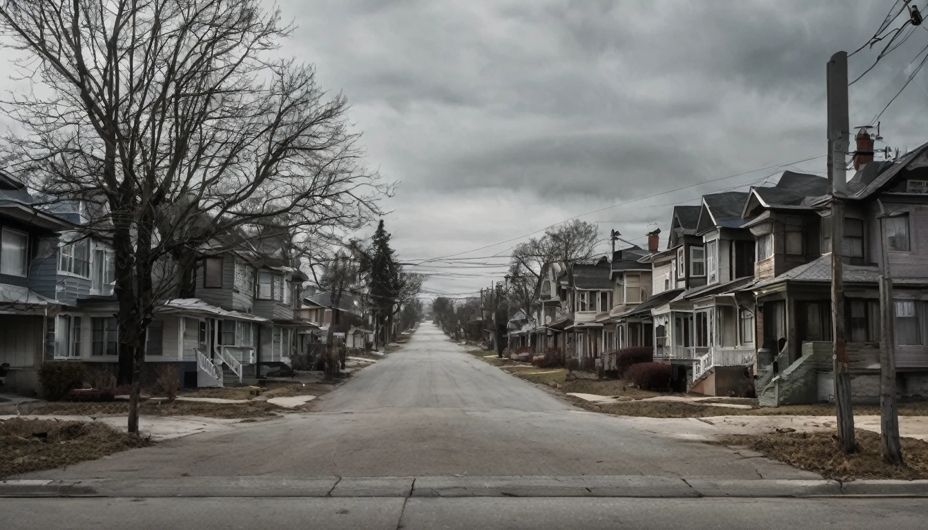 neighborhood, several houses, sinister environment, no people on the street, fear