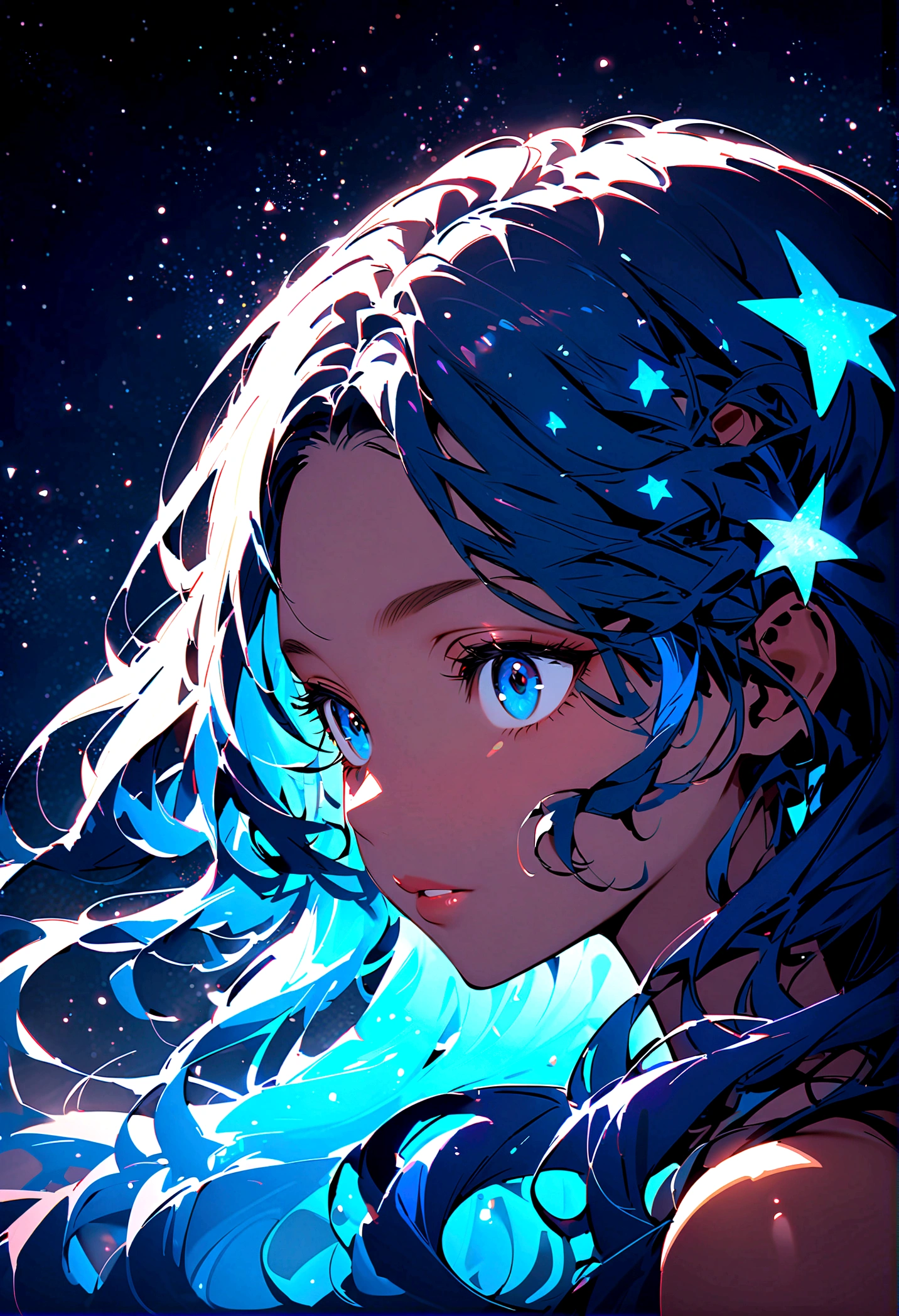 A beautiful girl, big elongated eyes, dark brown blue eyes, long blue hair, soft lips, brown skin, blue flowing hair, wavy hair, hair bangs, glowy stars on hair, white tip with light blue, side pose, glow, fantasy, starry sky