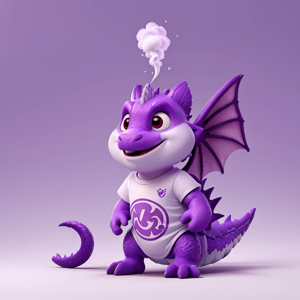 vector T-shirt design, modern graphics design, purple tones, white background, featuring a charming baby dragon with smoke out of his mouth