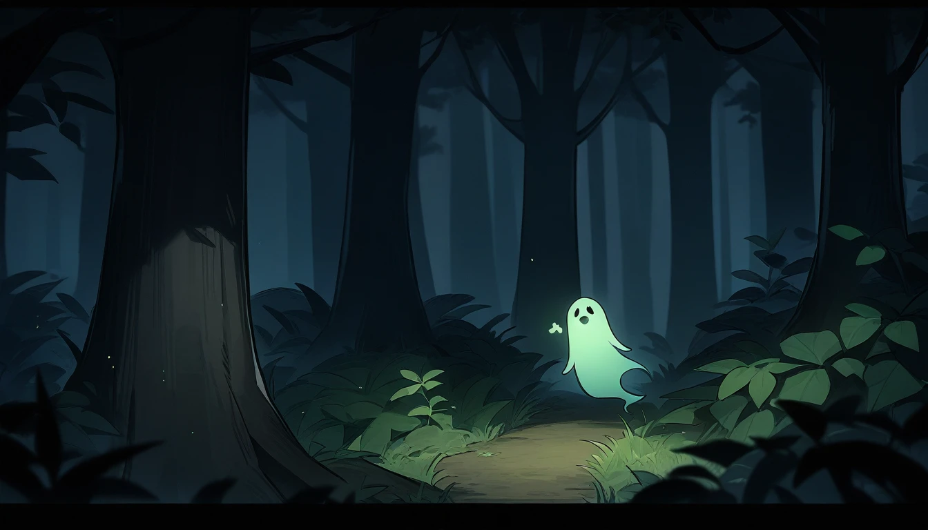 Late at night, in a dark forest, the ghost of a girl sneaks a peek behind a tree deep in the forest, high quality, high detail, 4k.8k