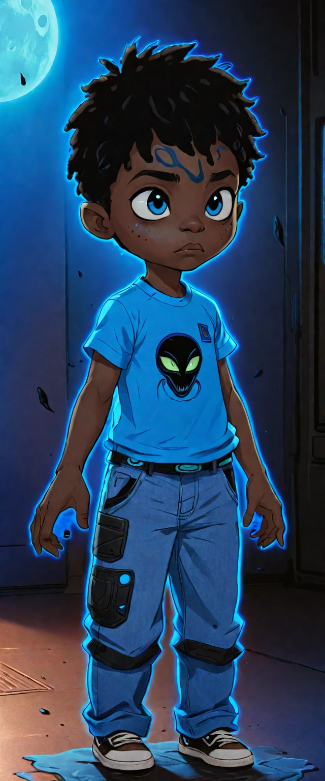 A 20-year-old black teenager with a scar above his nose, blue details, wearing a blue shirt with a black alien print