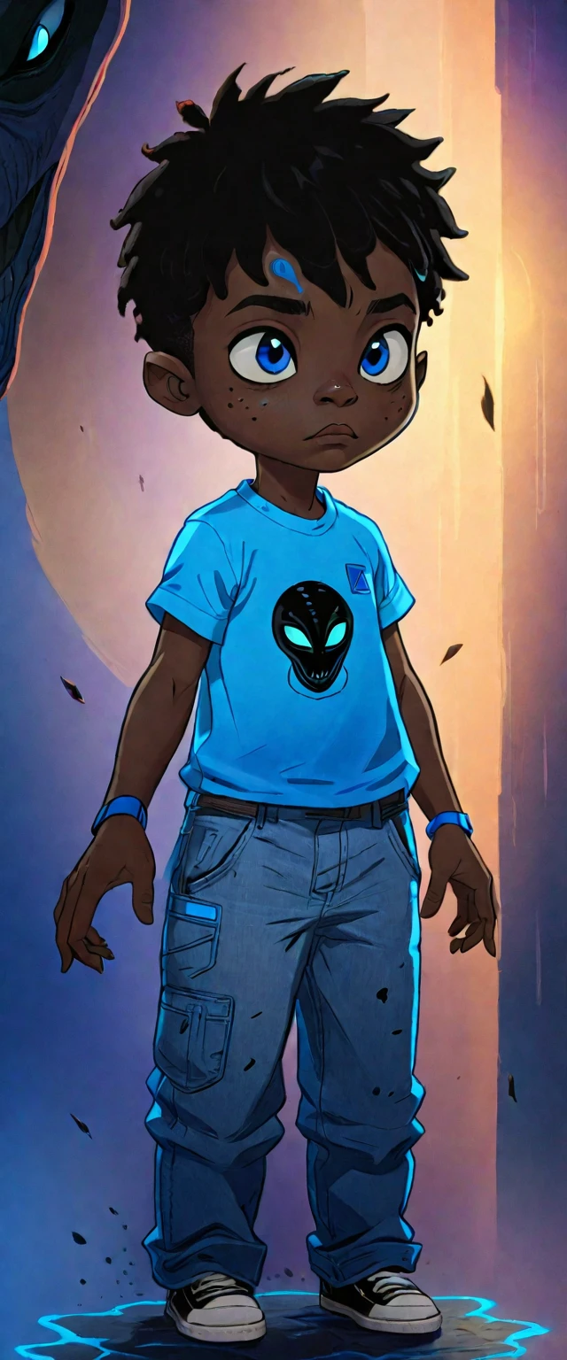A 20-year-old black ager with a scar above his nose, blue details, wearing a blue shirt with a black alien print