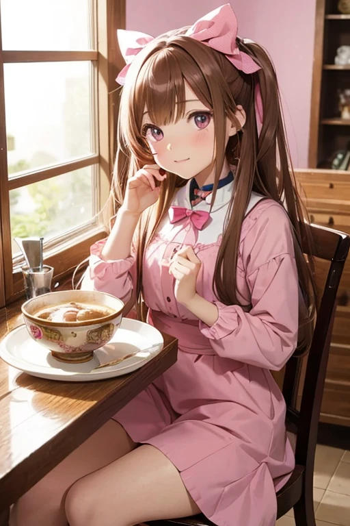 anime girl girl with long hair and a bow in a pink background, anime look of a beautiful girl, cute anime girl girl, anime best girl, kawaii realistic portrait, estilo de arte anime Moe, cute kawaii girl, pretty anime girl girl, young anime girl girl, an anime girl girl, (anime girl girl), cute anime high school girl, anime named lucy, portrait of cute anime, anime girl sitting on a chair with a bowl of food in her hand, alchemist girl, light novel cover art, offcial art, capa de arte épica de light novel, Moe