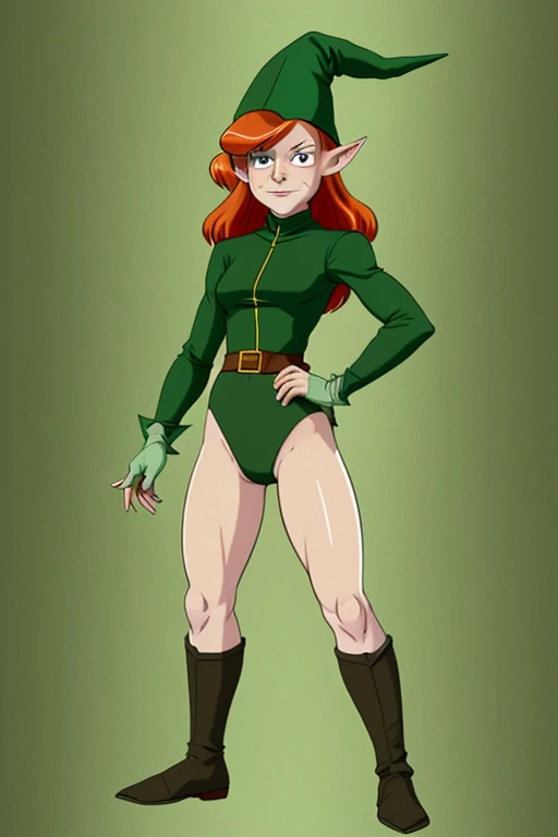 a redhead cartoon character dressed in a green outfit, leotard, very muscular, young half elf wizard, a young male wizard, half-elf time wizard, granny weatherwax, 1980s cartoon, animated episode still, norman rockwel, witch academia, portrait of a young elf wizard, tiny evil alchemist gnome, velma, (((mad))) elf princess, gadget hackwrench