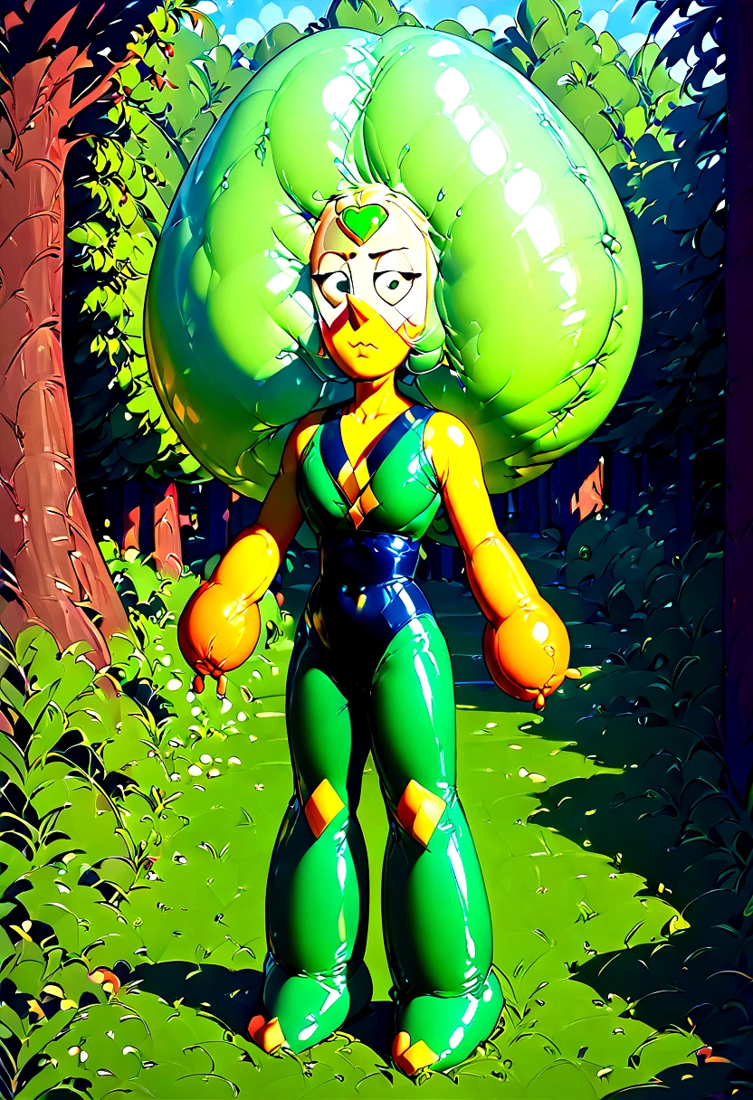 masterpiece, 1girl, peridot, peridot - steven universe, inflatable body, inflatable hair, shiny skin, shiny hair, rubber hair, latex hair, latex skin, rubber skin, dollification, standing, blank baclground, whole character in view, normal proportions, skinny, slender figure