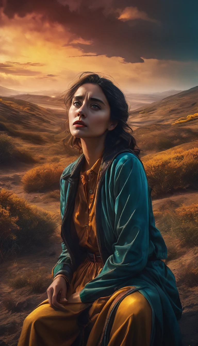 a woman in a state of anxiety, worried expression, travelling through different eras and countries, surreal dreamlike landscape, dramatic lighting, cinematic composition, moody colors, digital painting, ultra-detailed, 8k, highly realistic, masterpiece, cinematic, chiaroscuro lighting, vibrant colors, dynamic pose, intense emotion