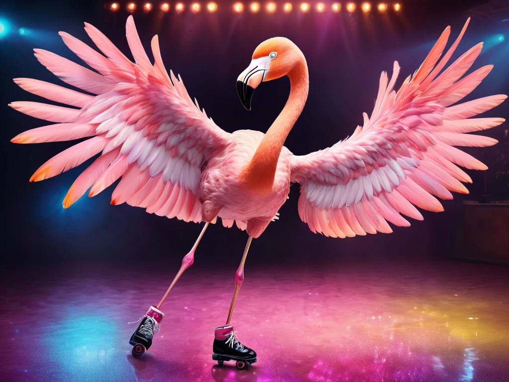 Concept art, A joyful flamingo wearing roller skates, dressed in shimmering metallic disco attire, adorned with sunglasses on the beak and a golden chain on the neck. Its wings spread wide in mid-air, striking a ballet pose, with a bright, cheerful smile on its beak. All illuminated in the vibrant hues of a 60's discotheque dance floor. This captivating digital illustration showcases the carefree elegance of the flamingo's movements, perfectly blending retro glamour with avian grace. Incorporate subtle, playful expressions, such as a slight blush on the cheeks and a sparkle in its eye, to convey the flamingo's happiness. Digital illustration, best quality, 8k, highres, masterpiece, ultra-detailed, realistic, photorealistic, photo-realistic, HDR, vivid colors, studio lighting, professional, colorful, neon, glowing, dynamic, energetic, whimsical, surreal, magical, dreamlike.
