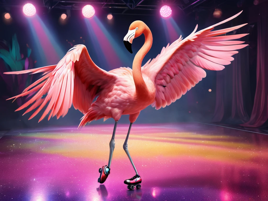 Concept art, A joyful flamingo wearing roller skates, dressed in shimmering metallic disco attire, adorned with sunglasses on the beak and a golden chain on the neck. Its wings spread wide in mid-air, striking a ballet pose, with a bright, cheerful smile on its beak. All illuminated in the vibrant hues of a 60's discotheque dance floor. This captivating digital illustration showcases the carefree elegance of the flamingo's movements, perfectly blending retro glamour with avian grace. Incorporate subtle, playful expressions, such as a slight blush on the cheeks and a sparkle in its eye, to convey the flamingo's happiness. Digital illustration, best quality, 8k, highres, masterpiece, ultra-detailed, realistic, photorealistic, photo-realistic, HDR, vivid colors, studio lighting, professional, colorful, neon, glowing, dynamic, energetic, whimsical, surreal, magical, dreamlike.
