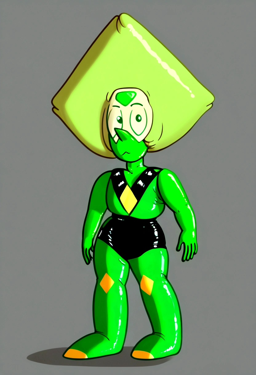 masterpiece, 1girl, peridot, peridot - steven universe, inflatable body, inflatable hair, shiny skin, shiny hair, rubber hair, latex hair, latex skin, rubber skin, dollification, standing, blank baclground, whole character in view