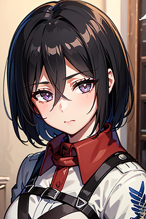 masterpiece, best quality, best lighting, shadows, portrait, perfect anatomy, mikasa in scout uniform, 1 girl, adult anime girl, 21 years old, sending a kiss