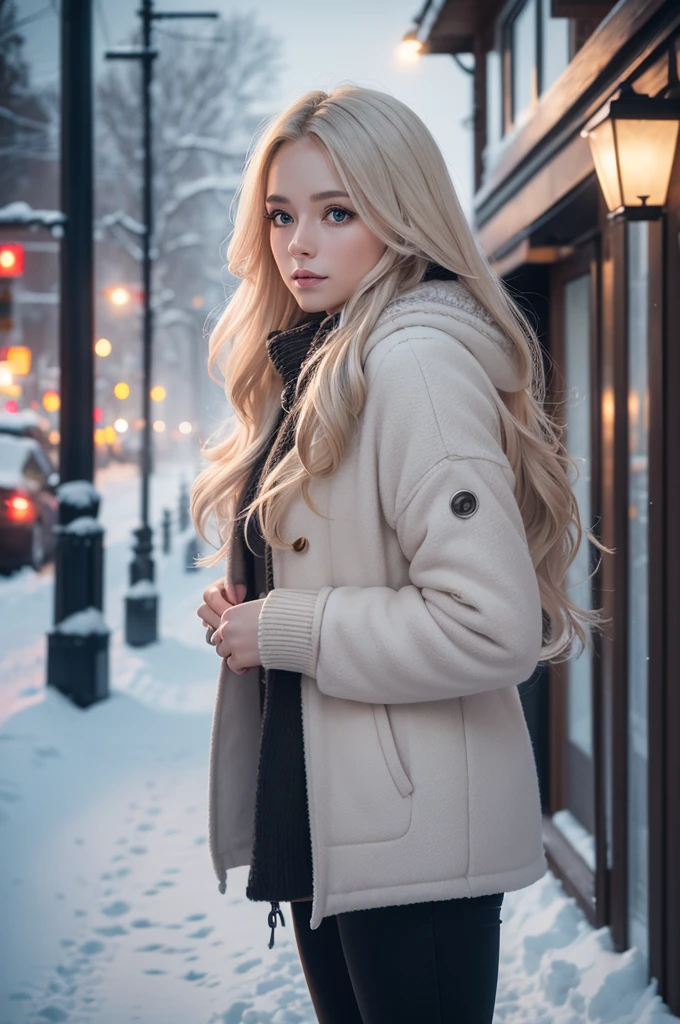 professional photography of a beautiful norwegian girl in winter clothes with long wavy blonde hair, sensual and seductive look, beautiful symmetrical face, beautiful natural makeup, wearing chic warm winter fashion clothing, ((standing outside on the snowy city street)), impressive modern urban environment, ultra realistic, conceptual artwork, chic, highy detailed, intricate, sharp focus, Depth of field, f/1. 8, 85 mm, medium shot, mid shot, (((professional color grading))), soft and bright diffused light, (Volumetric fog), Trends on Instagram, HD 4k, 8K