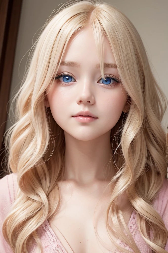 A beautiful blonde with blue eyes, round face, round eyes, small pink mouth. Hair with wavy ends, chubby cheek, She's wearing jeans and a pink blouse