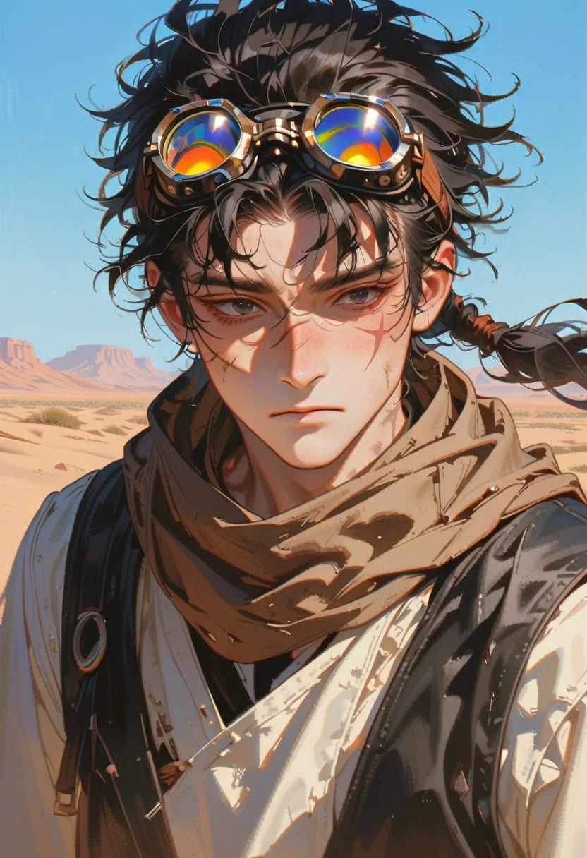 style 9, a man with messy black hair tied in a ponytail, a scar on his right cheek, tired black eyes, wearing old apocalyptic clothes, a scarf, goggles on his head,, a desert in the background