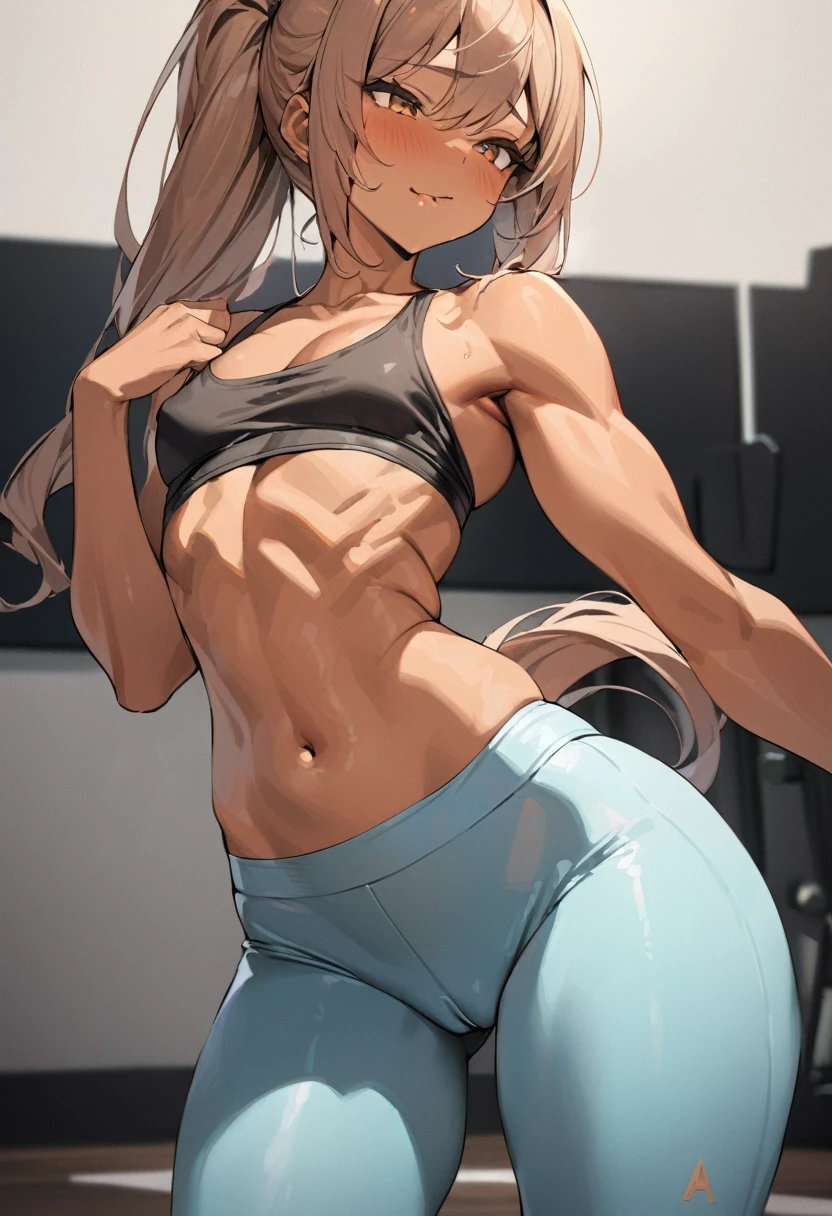 1girl, tan skin, a little muscular body, yoga pants, straight horsetail hair, sexy body, ultra high resolution, best quality, masterpiece, pussy revealing yoga pants, licking his lips, hand at at bellybutton