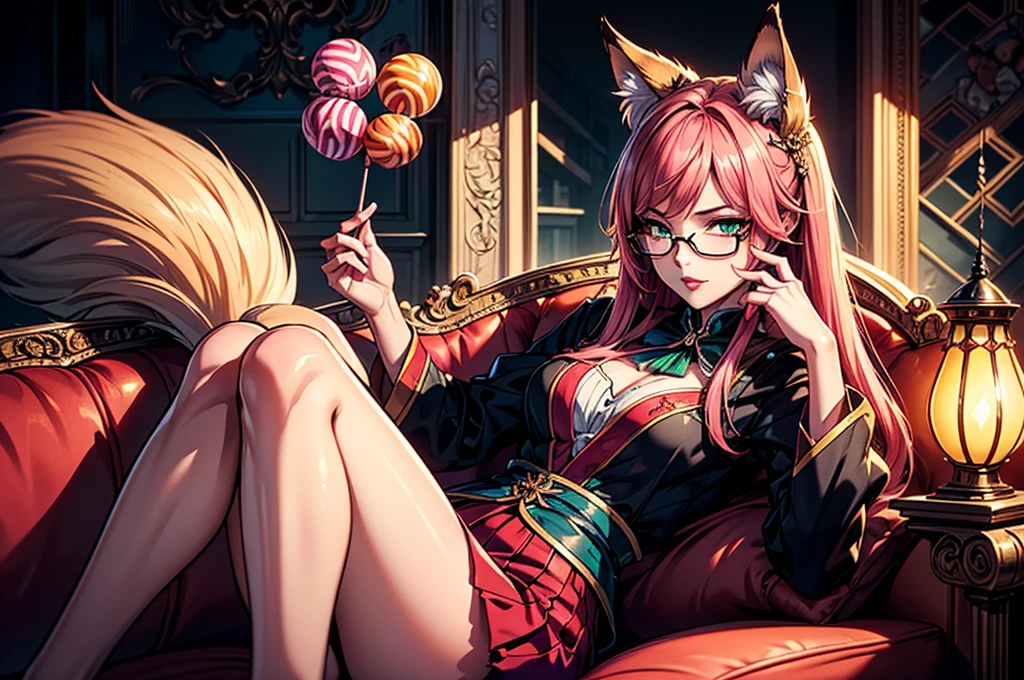 On the luxsurious sofa in seductive pose laying a female kitsune, she have red long hair with pink highlights, charming green eyes. tasty red lips, she dreessed in unbutten blouse, black short skirt high soking and snickers, also she wear glasses, she holding lollypop, she have four gorgeous magic fox tails, (ultra high quality fantasy art, magical fantasy style, masterpiece, ultra high quality character design, 8k quality anime art, realistic anime art, top quality wallpaper illustration, detailed ultra high quality accurate face, high quality design and accurate physic)