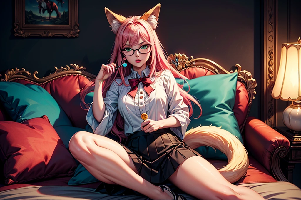 On the luxsurious sofa in seductive pose laying a female kitsune, she have red long hair with pink highlights, charming green eyes. tasty red lips, she dreessed in unbutten blouse, black short skirt high soking and snickers, also she wear glasses, she holding lollypop, she have four gorgeous magic fox tails, (ultra high quality fantasy art, magical fantasy style, masterpiece, ultra high quality character design, 8k quality anime art, realistic anime art, top quality wallpaper illustration, detailed ultra high quality accurate face, high quality design and accurate physic)