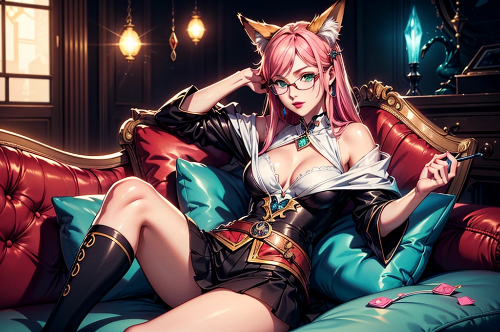 On the luxsurious sofa in seductive pose laying a female kitsune, she have red long hair with pink highlights, charming green eyes. tasty red lips, she dreessed in unbutten blouse, black short skirt high soking and snickers, also she wear glasses, she holding lollypop, she have four gorgeous magic fox tails, (ultra high quality fantasy art, magical fantasy style, masterpiece, ultra high quality character design, 8k quality anime art, realistic anime art, top quality wallpaper illustration, detailed ultra high quality accurate face, high quality design and accurate physic)