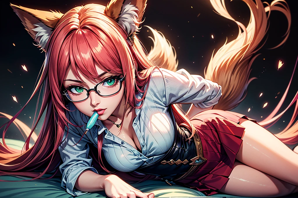 On the luxsurious sofa in seductive pose laying a female kitsune, she have red long hair with pink highlights, charming green eyes. tasty red lips, she dreessed in unbutten blouse, black short skirt high soking and snickers, also she wear glasses, she holding lollypop, she have four gorgeous magic fox tails, (ultra high quality fantasy art, magical fantasy style, masterpiece, ultra high quality character design, 8k quality anime art, realistic anime art, top quality wallpaper illustration, detailed ultra high quality accurate face, high quality design and accurate physic)