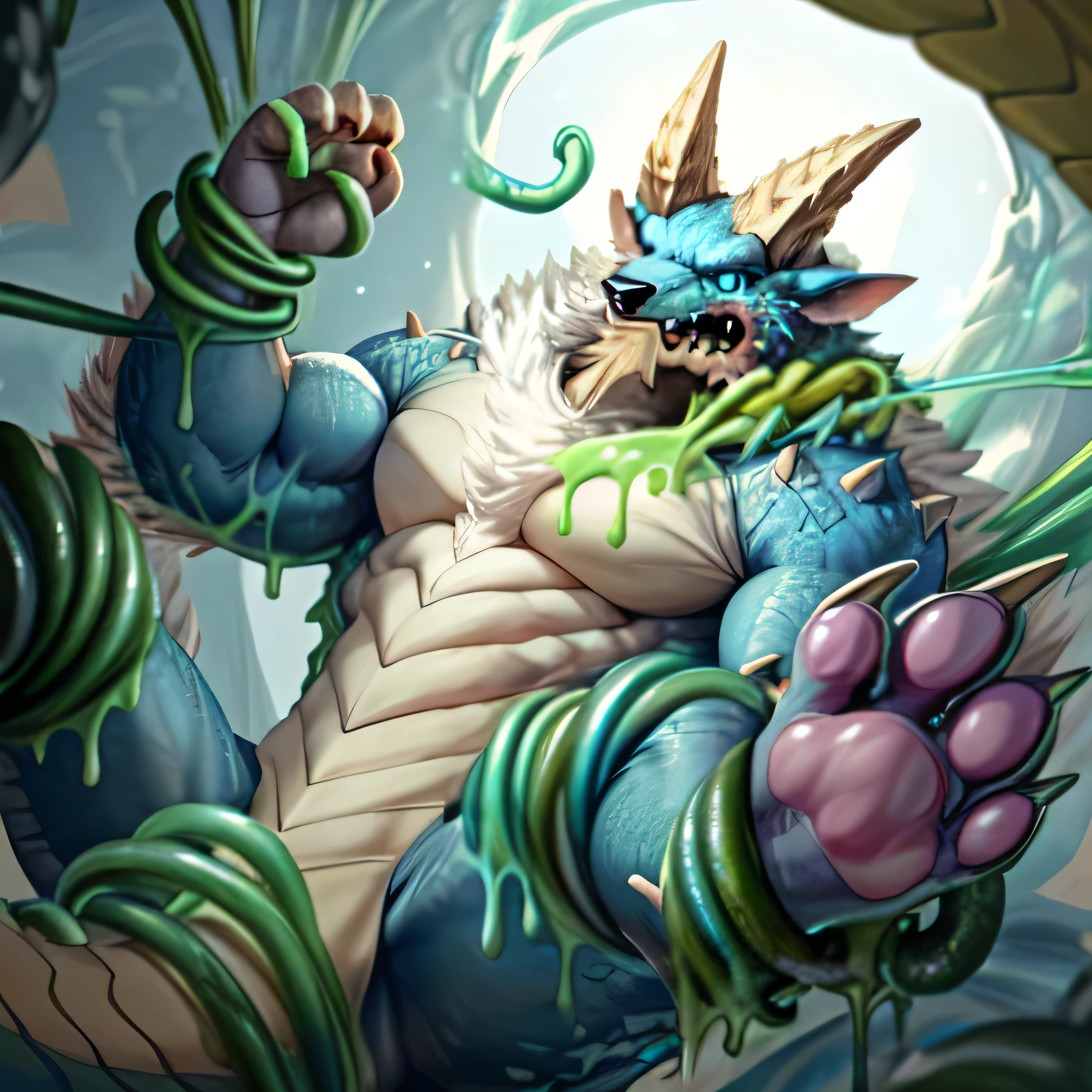 anthropology,(zinogre:1.2),Tail,((whole body,blue eyes, Blue body, White furry, Yellow Hand, Feet, Blue face,4 toes,Tail )),,muscular, whole body, (author:null-ghost,From raccoon21,masterpiece,high quality), Night Fight,((boundary)), rest (((Slime monster uses tentacles to fight dragon)),4 toes,struggle, (pain:1.3),frown,annoyed, Worry,full body,pawpads,((horns))
